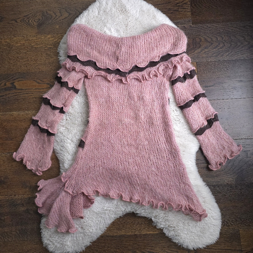 Vintage Zone Bleue Ballet Fairy Rosette Off-Shoulder Ruffle Sweater Tunic Top - Picture 8 of 9